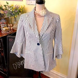 *Cabi* Belle Flare-Sleeve Navy Pinstriped Cotton Blazer